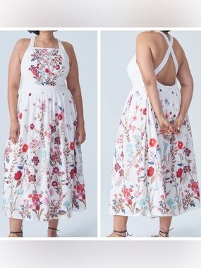 Anthropologie Eularia White Floral Embroidered Maxi Dress with Crisscross Back